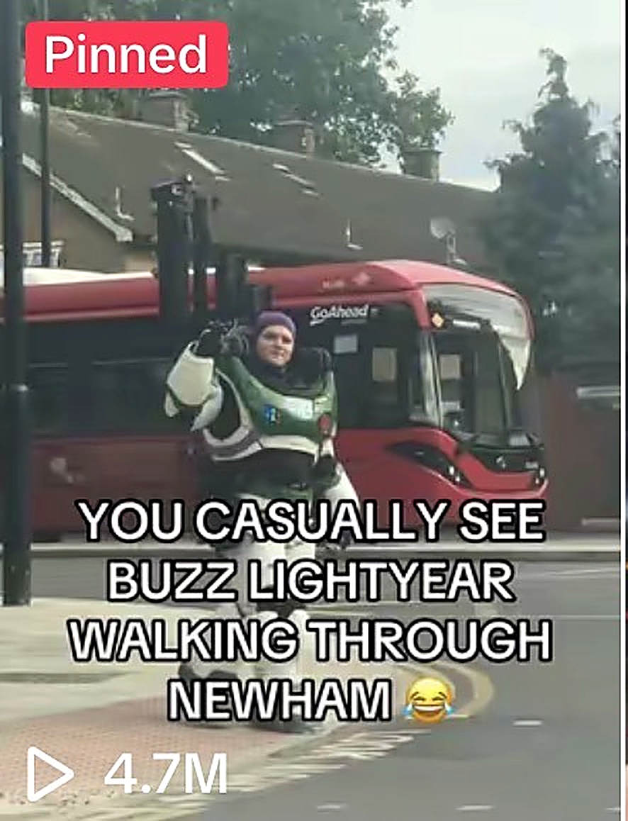 Buzz Lightyear walking through Newham